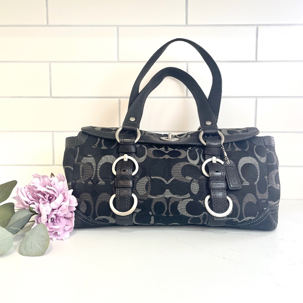 Coach Black Sateen Monogram Turn-lock Leather and Suede Satchel, F06Q-10145